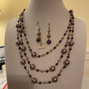 Majestic Purple and Gold Multi-Strand Beaded Necklace with Matching Earrings